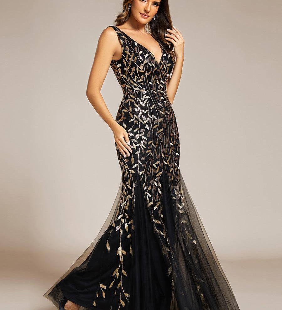ever ORIEL|Robe de soirée Longue Sexy en sequins col en V pour femmes