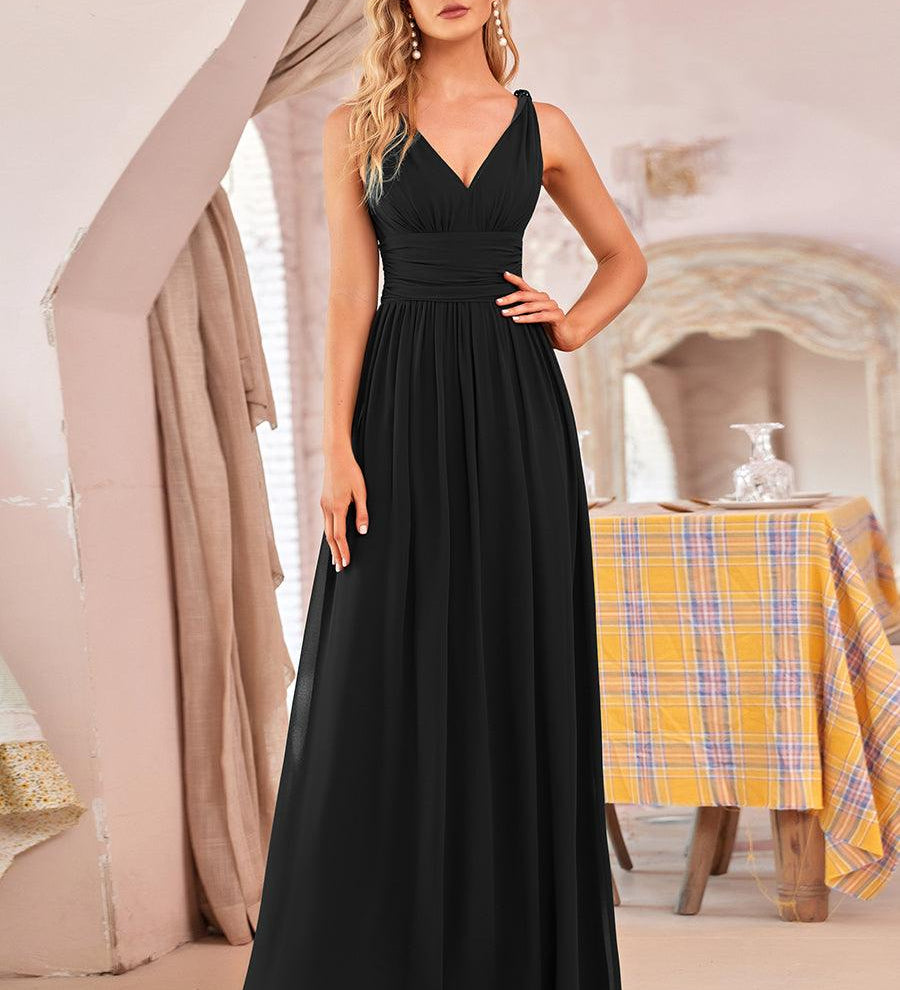 ever HUSH|Robe de soirée plissé sans manches à col V