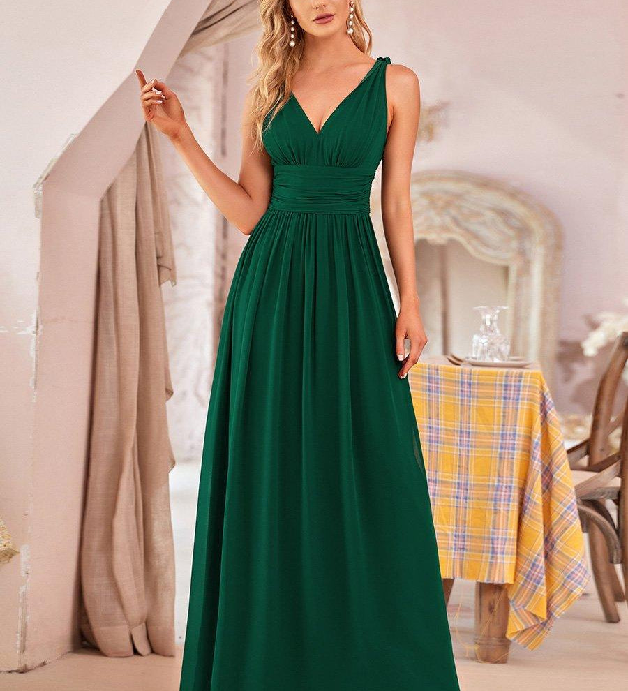 ever HUSH|Robe de soirée plissé sans manches à col V