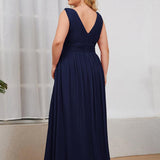 ever HUSH|Robe de soirée plissé sans manches à col V