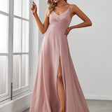 ever RENÉ|Robe de demoiselle d'honneur plissée à bretelles minces et col V