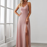 ever RENÉ|Robe de demoiselle d'honneur plissée à bretelles minces et col V