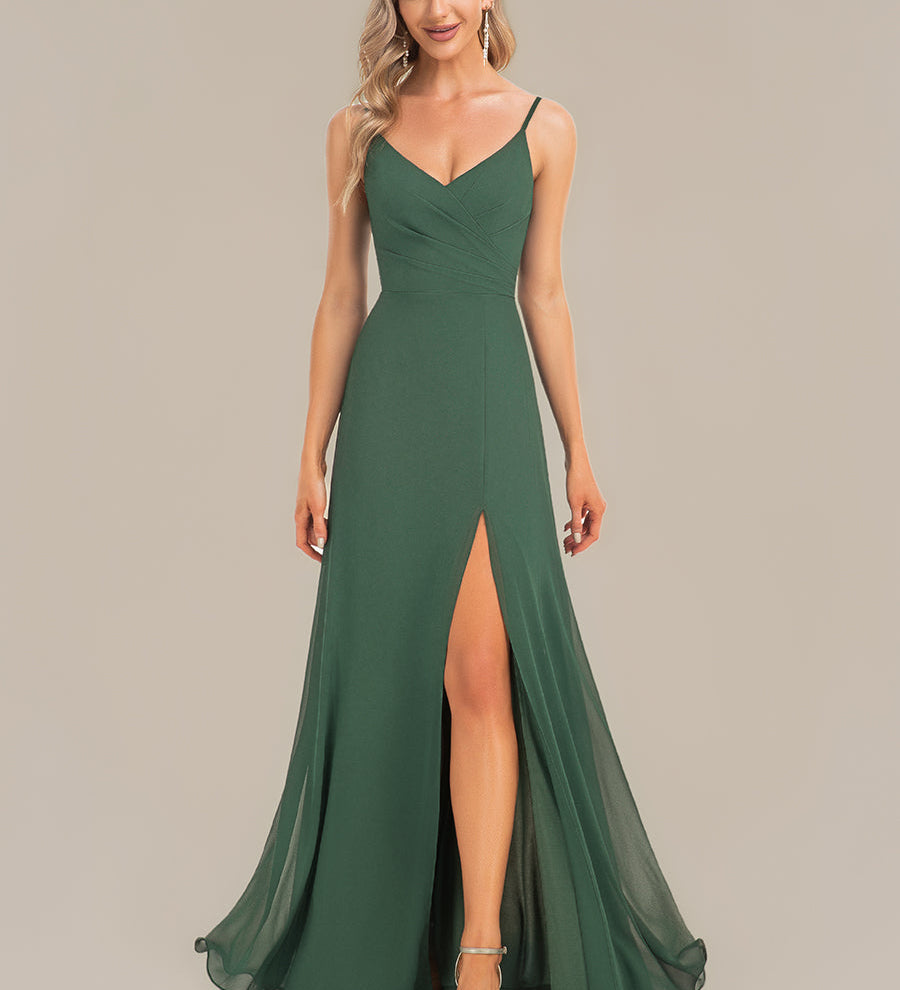 ever RENÉ|Robe de demoiselle d'honneur plissée à bretelles minces et col V