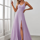 ever RENÉ|Robe de demoiselle d'honneur plissée à bretelles minces et col V