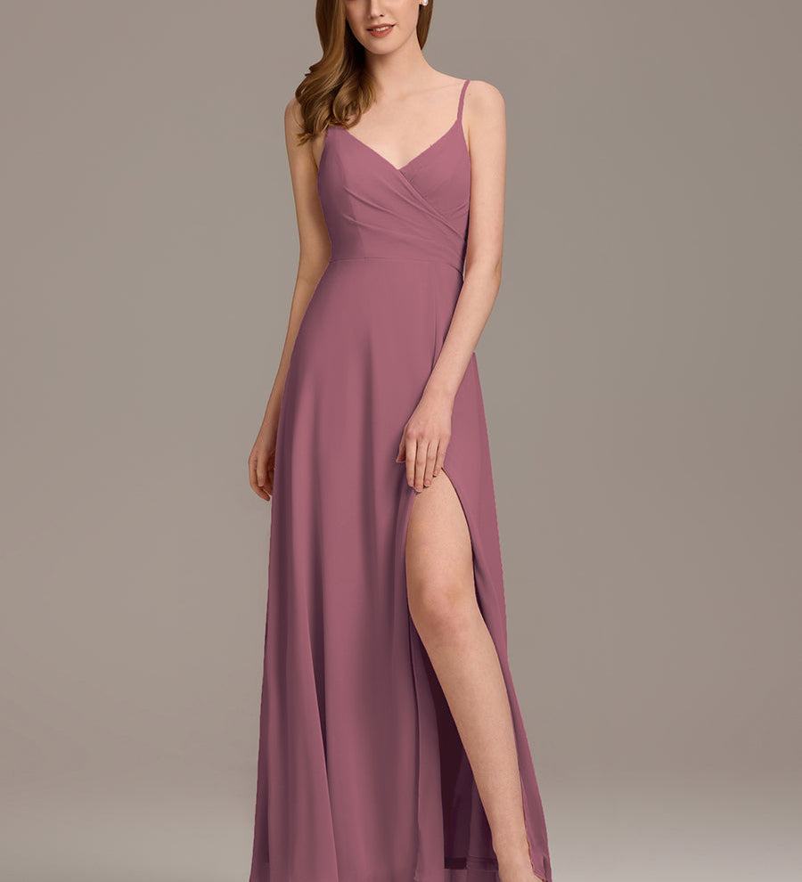 ever RENÉ|Robe de demoiselle d'honneur plissée à bretelles minces et col V
