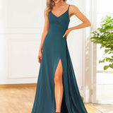 ever RENÉ|Robe de demoiselle d'honneur plissée à bretelles minces et col V