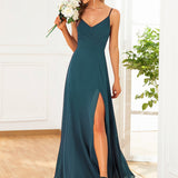 ever RENÉ|Robe de demoiselle d'honneur plissée à bretelles minces et col V