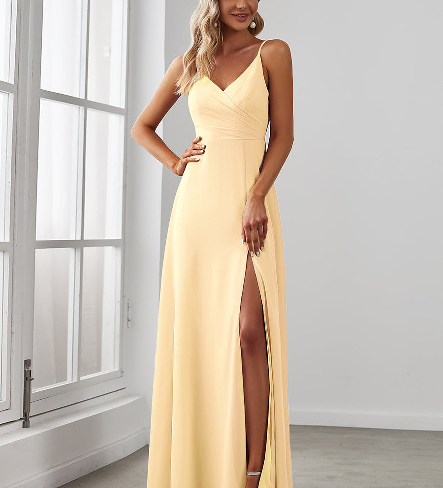 ever RENÉ|Robe de demoiselle d'honneur plissée à bretelles minces et col V