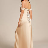 Robe de soirée longue en satin à épaules dénudées et manches courtes