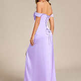 Robe de soirée longue en satin à épaules dénudées et manches courtes