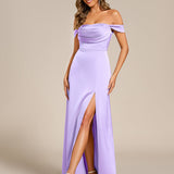 Robe de soirée longue en satin à épaules dénudées et manches courtes