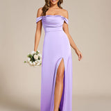 Robe de soirée longue en satin à épaules dénudées et manches courtes