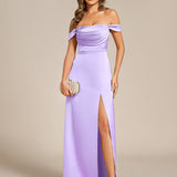 Robe de soirée longue en satin à épaules dénudées et manches courtes