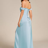 Robe de soirée longue en satin à épaules dénudées et manches courtes