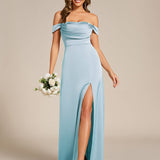 Robe de soirée longue en satin à épaules dénudées et manches courtes