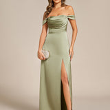 Robe de soirée longue en satin à épaules dénudées et manches courtes