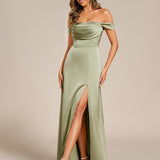 Robe de soirée longue en satin à épaules dénudées et manches courtes