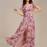 Robe de soirée à manches volantées et col carré