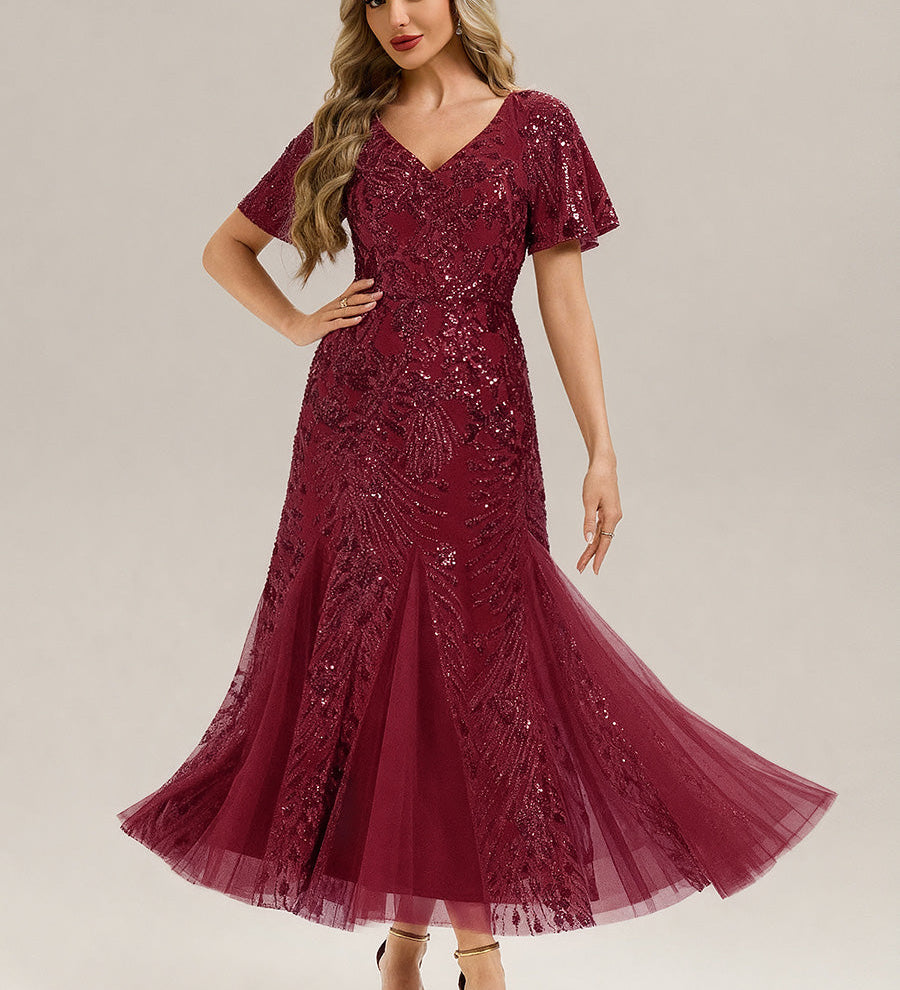 ever ANNIKA|Robe de soirée brodée à paillettes et manches à volants
