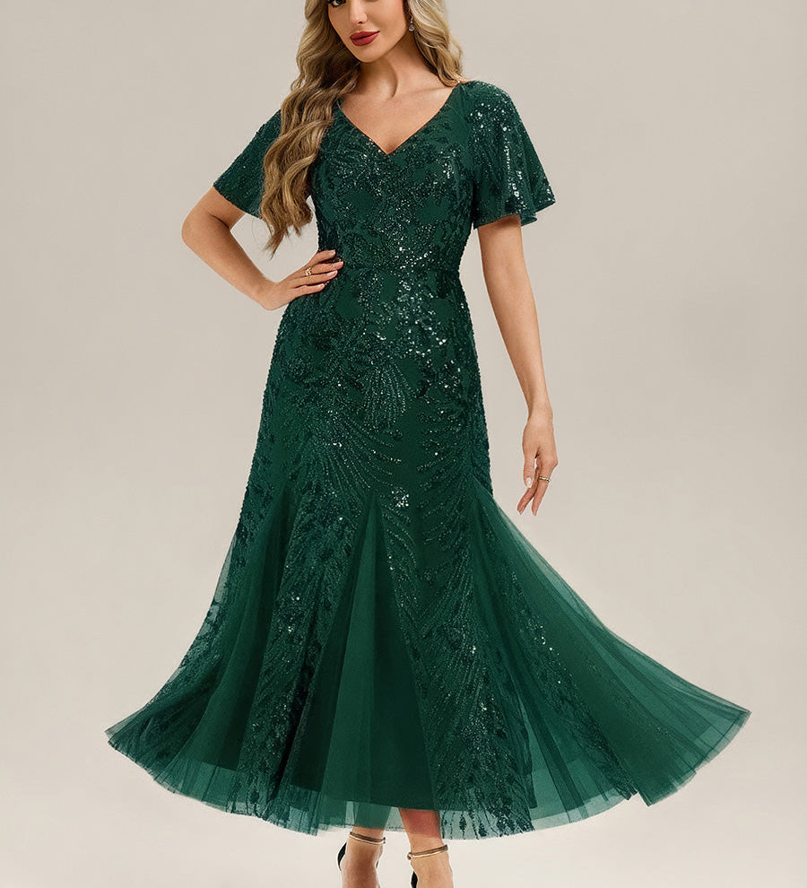 ever ANNIKA|Robe de soirée brodée à paillettes et manches à volants