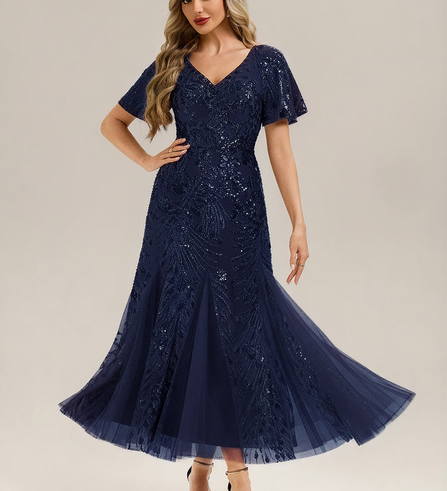 ever ANNIKA|Robe de soirée brodée à paillettes et manches à volants