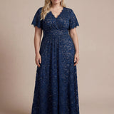 Robe longue à volants en dentelle à manches courtes A ligne