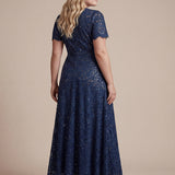 Robe longue à volants en dentelle à manches courtes A ligne