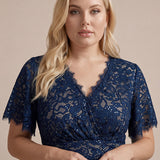 Robe longue à volants en dentelle à manches courtes A ligne