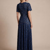Robe longue à volants en dentelle à manches courtes A ligne