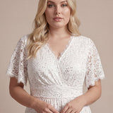 Robe longue à volants en dentelle à manches courtes A ligne