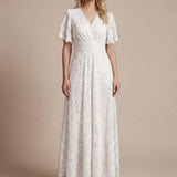 Robe longue à volants en dentelle à manches courtes A ligne