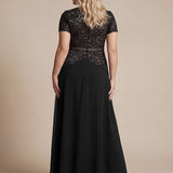 Robe longue à encolure ronde à manches courtes en sequins coupe évasée