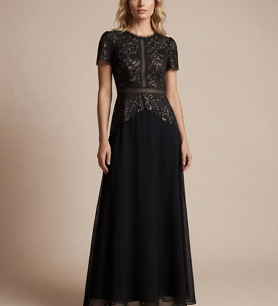 Robe longue à encolure ronde à manches courtes en sequins coupe évasée