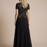 Robe longue à encolure ronde à manches courtes en sequins coupe évasée