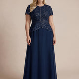 Robe longue à encolure ronde à manches courtes en sequins coupe évasée