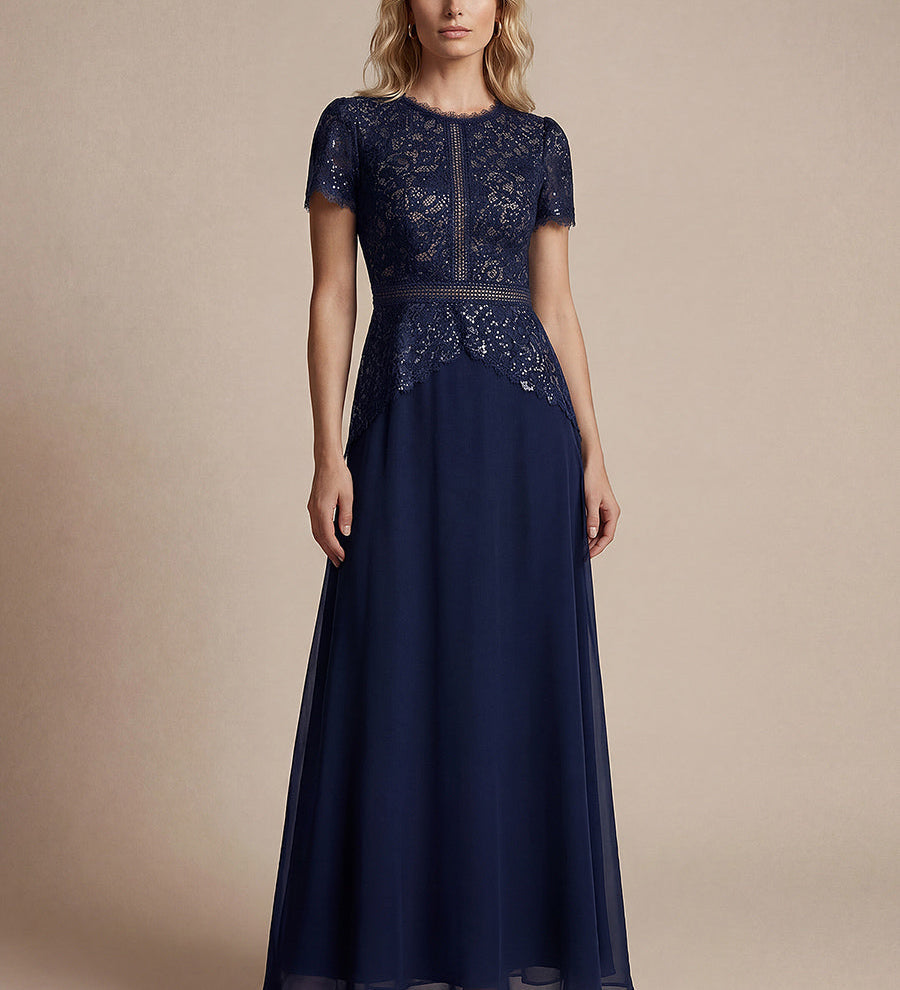 Robe longue à encolure ronde à manches courtes en sequins coupe évasée