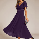 ever DAKOTA|Robe de soirée formelle en mousseline de soie à double col en V et taille ajustée