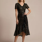 Robe midi sirène à volants en sequins à manches courtes