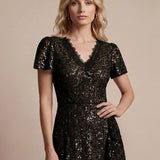 Robe midi sirène à volants en sequins à manches courtes