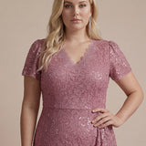 Robe midi sirène à volants en sequins à manches courtes