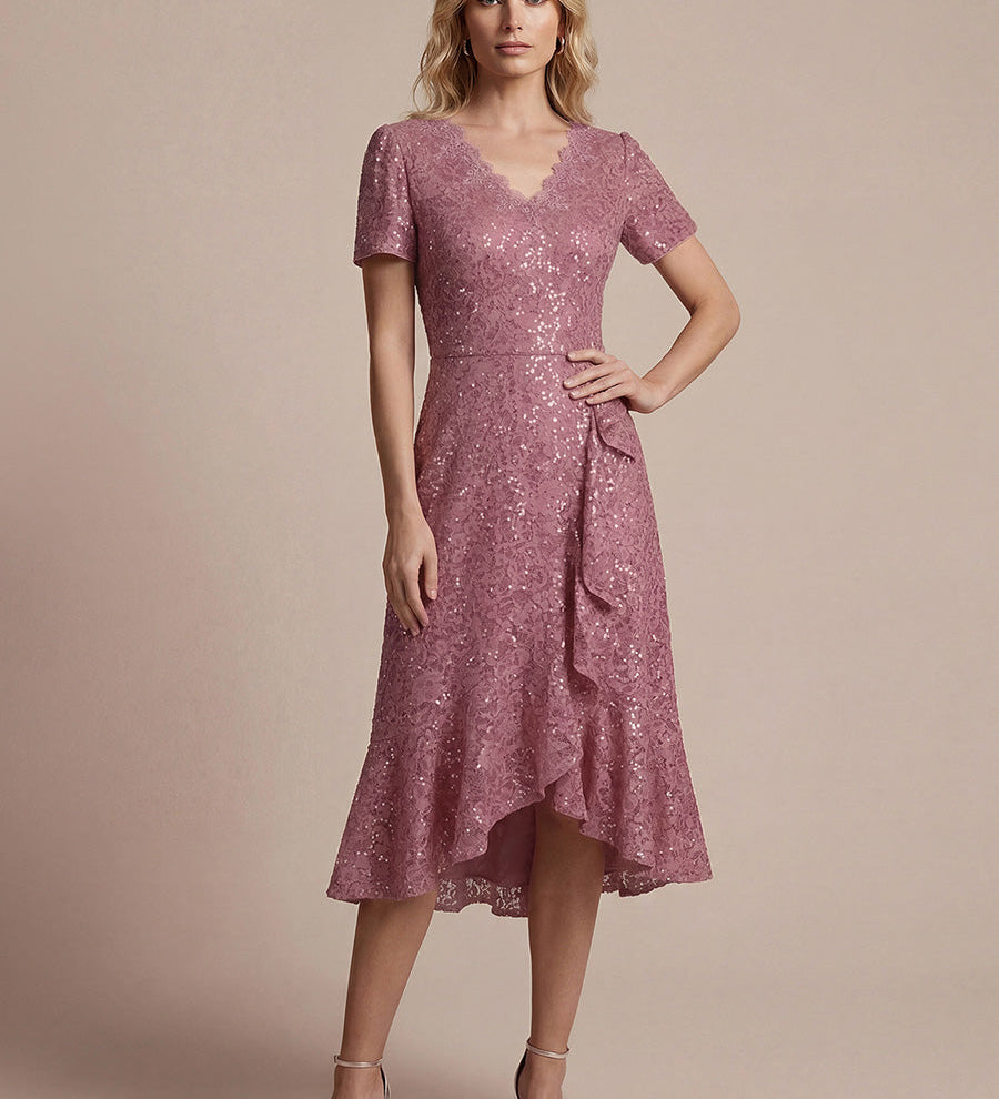 Robe midi sirène à volants en sequins à manches courtes