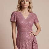 Robe midi sirène à volants en sequins à manches courtes