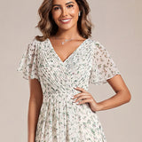 ever FAYE|Robe d'invitée de mariage chic à avec col en V et à manches courtes