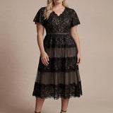 Robe en tulle A-line longueur thé à manches courtes décolleté en V avec sequins