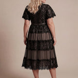 Robe en tulle A-line longueur thé à manches courtes décolleté en V avec sequins