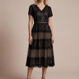 Robe en tulle A-line longueur thé à manches courtes décolleté en V avec sequins