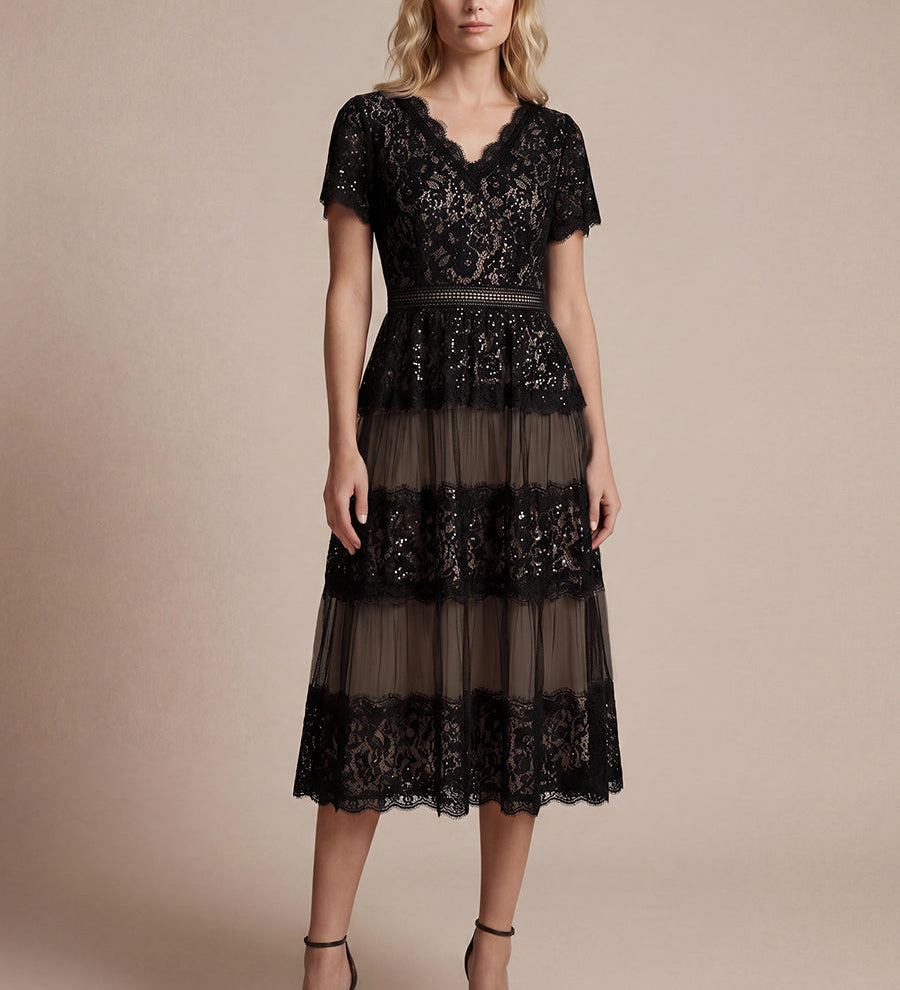 Robe en tulle A-line longueur thé à manches courtes décolleté en V avec sequins