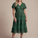 Robe en tulle A-line longueur thé à manches courtes décolleté en V avec sequins