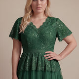 Robe en tulle A-line longueur thé à manches courtes décolleté en V avec sequins