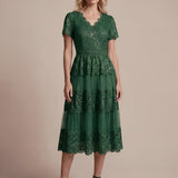Robe en tulle A-line longueur thé à manches courtes décolleté en V avec sequins
